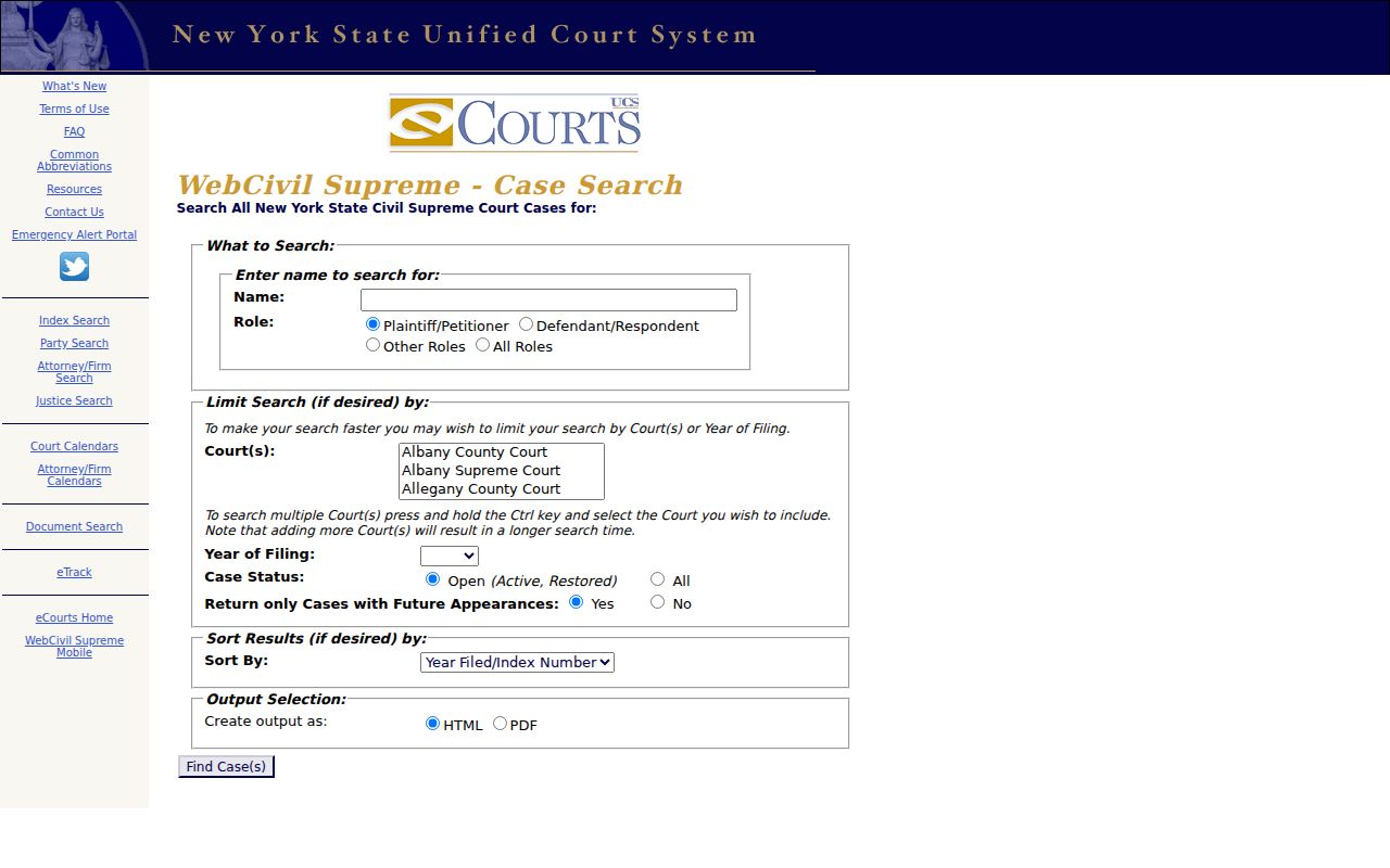 Town of Rotterdam resident lookup using the New York WebCivil Supreme party search form